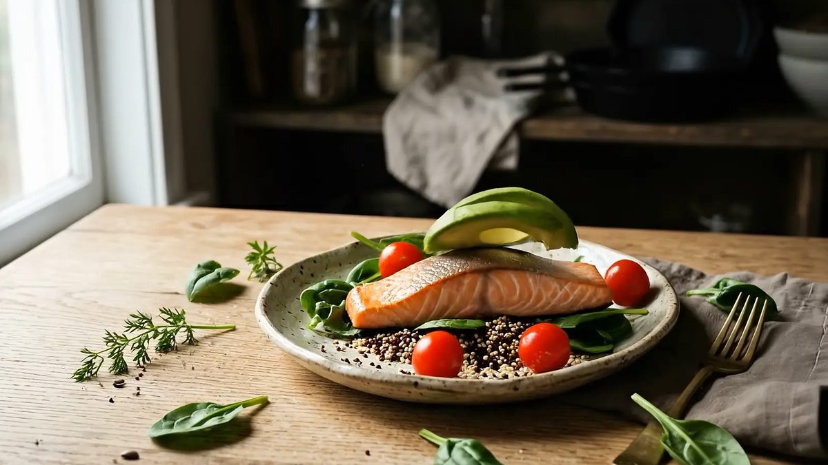 Prato saudável montado: hero animada para nutricionista