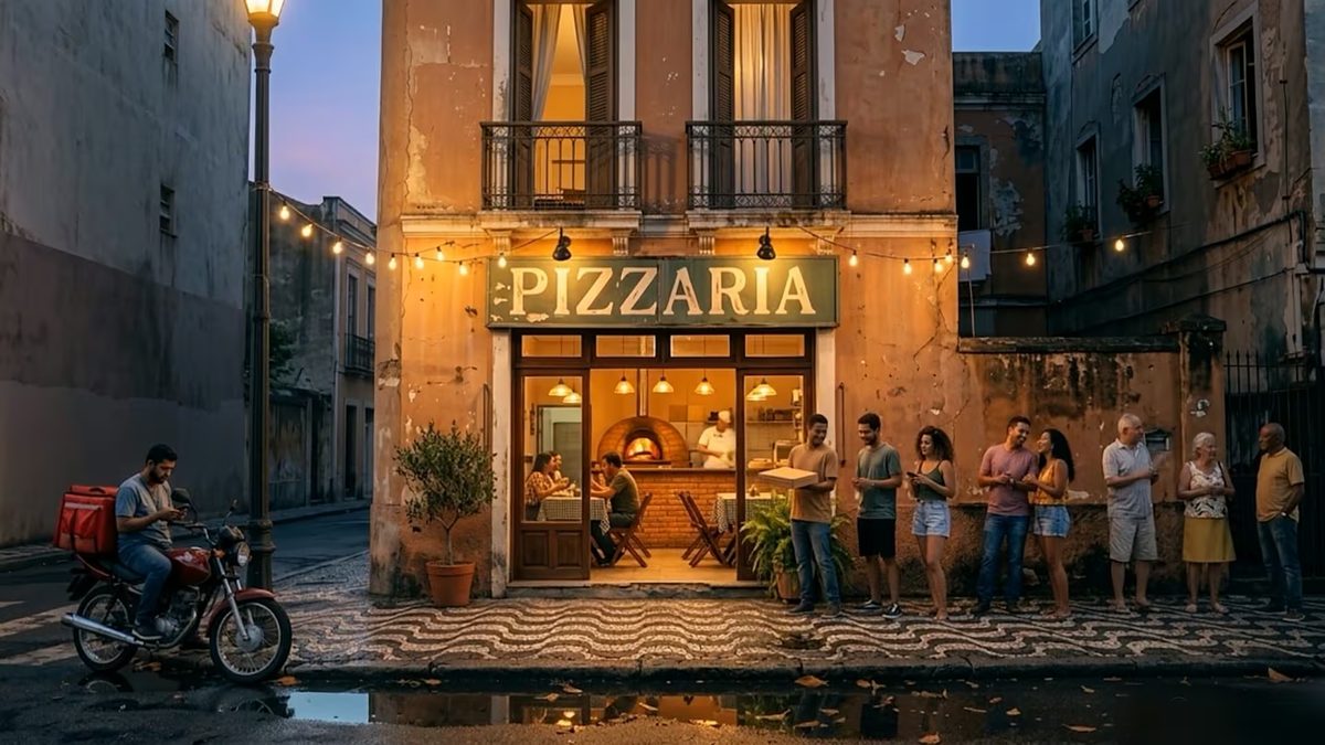 Site da Sapia Sites: pizzaria cheia de clientes à noite